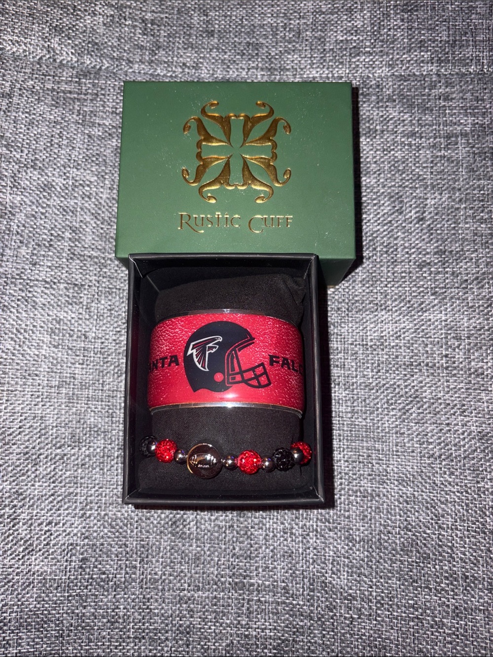 Rustic Cuff Red and Black Atlanta Falcons silver Cuff with Beaded Accent